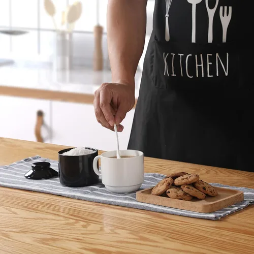 Miniatura 4 de ONTUBE Azucarero de cerámica con tapa y cuchara, juego de 2, caja de condimentos de porcelana con bandeja, 8 onzas (negro)