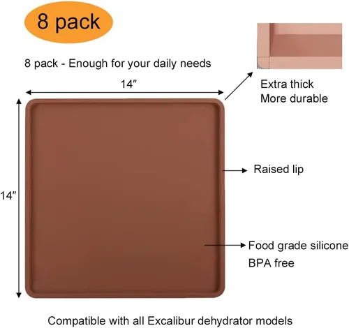Miniatura 2 de Paquete de 8 hojas deshidratadoras de silicona extra gruesas de 14 x 14 pulgadas con borde para Excalibur – Bandejas deshidratadoras de cuero