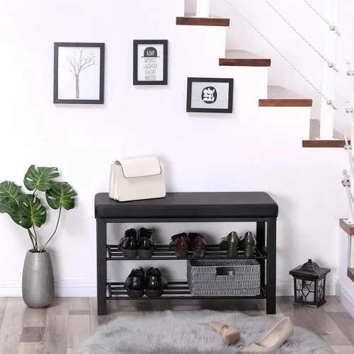 Miniatura 4 de SONGMICS Banco de zapatos, zapatero de 3 niveles para entrada, organizador de almacenamiento con asiento acolchado de espuma, piel sintética, marco