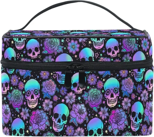 Miniatura 33 de Bolsa de Maquillaje, Estuche de Maquillaje Organizador de Viaje con Diseño de Calavera y Flores, Estuche de Cosméticos, Bolsas de Aseo para Niñas