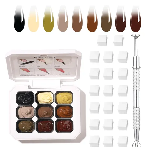 Miniatura 29 de Finger Secret - Juego de 9 colores de esmalte de uñas de gel Ombre Pat, paleta de esmaltes de gel con 20 esponjas de uñas para arte de uñas de gel