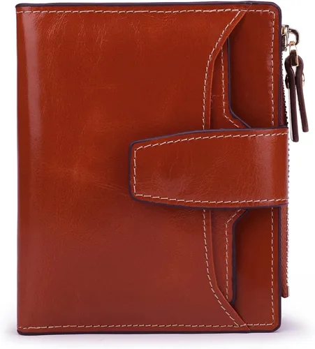 Miniatura 33 de Cartera de cuero con bloqueo RFID para mujer, pequeña, compacta, doble cremallera, con ventana para identificación
