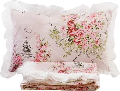 Miniatura 2 de FADFAY, Juego de ropa de cama romántica con estampado de flores, juego de cama floral, funda de edredón con volantes de encaje de princesa