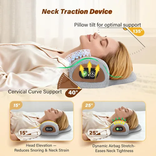 Miniatura 3 de Almohada masajeadora de cuello recargable 3 en 1 con calor, vibración y tracción de aire, almohada térmica para el cuello, joroba, relajación Gris
