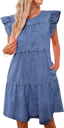 luvamia Vestido de mezclilla 2025 para mujer, estilo babydoll de verano, sin mangas, manga con volantes, vestido plisado suelto con vuelo
