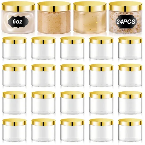 Miniatura 12 de Dandat 24 piezas 8 oz botes de plástico con tapa y etiqueta. Recipientes de muestra de cosméticos redondos ámbar PET recargables y vacíos para Ámbar