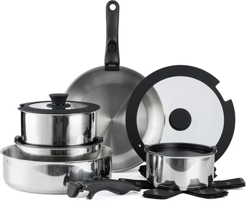 Miniatura 19 de Country Kitchen Juego de utensilios de cocina con mango extraíble, juego de ollas y sartenes aptas para horno y caravana, mango de madera moteada
