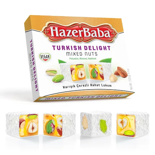 Miniatura 11 de Hazer Baba Delicias Turcas, Caja de bocadillos gourmet con nueces mixtas y sabor a vainilla, bocadillo tradicional vegano, Lokum turco, dulces