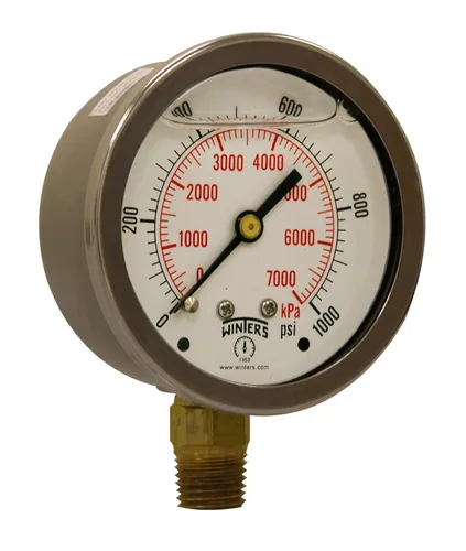 Winters 2-1/2 "Tamaño del dial, medidor de presión industrial lleno de líquido, internos de latón, caja de acero inoxidable, doble escala 0-1,000