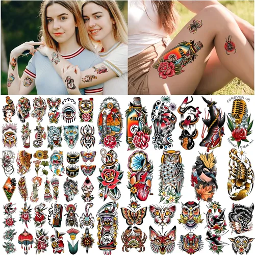 Miniatura 3 de Yazhiji 77 hojas de tatuajes falsos impermeables para hombres o mujeres, 17 hojas más grandes, mitad brazo, búho, peonía, mariposa, serpiente