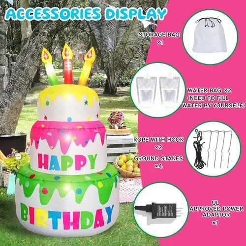 Miniatura 4 de Pastel de cumpleaños inflable personalizado de 4 pies de alto con nombre de purpurina, pastel de cumpleaños grande con velas iluminadas, 6 luces LED
