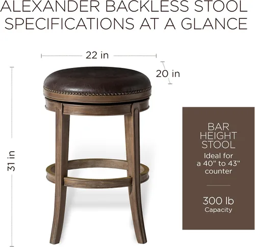 Miniatura 3 de Maven Lane Alexander Taburete de bar sin espalda de 31 pulgadas con reposapiés, madera maciza marrón y tapicería sintética marrón oscuro, ideal