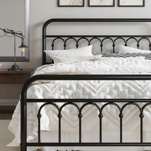 Miniatura 13 de Allewie Marco de cama de plataforma de metal tamaño individual de 14 pulgadas con cabecero/pie de cama curvado de hierro forjado estilo victoriano