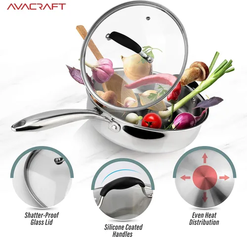 Miniatura 5 de AVACRAFT Sartén de acero inoxidable de tres capas 18/10 con tapa, mango auxiliar, inducción y estufa, sartén versátil de acero inoxidable