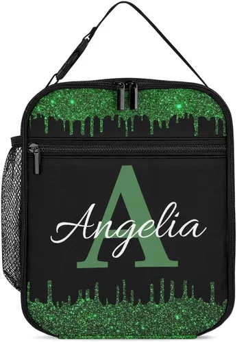 Miniatura 24 de Bolsa de almuerzo con nombre personalizado para hombres y mujeres, con monograma de purpurina azul, hielera, portátil, con nombre, para niñas, azul