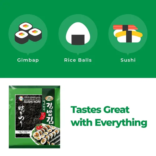 Miniatura 5 de Surasang Sábanas Nori prémium para sushi y gimbap - Hojas de algas coreanas tostadas, 20 hojas de tamaño completo, paquete de 1 - Sushi Nori