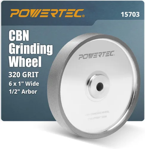 Miniatura 14 de POWERTEC Muela abrasiva CBN de 6 pulgadas grano 320, 1-1/4" de ancho, árbol de 1/2" - Rueda de afilado CBN 4 en 1 con borde de radio de 1/4" y cara