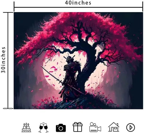 Miniatura 6 de Ine Ive GTDWIE0297 - Tapiz samurái japonés para estética de dormitorio, luna llena, árbol de cerezo, 40 x 30 pulgadas, arte japonés para dormitorio