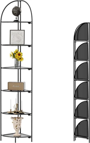 Miniatura 20 de Crofy Estante esquinero plegable de 3 niveles, soporte de esquina de metal para plantas con marco negro y estantes negros, estante de exhibición