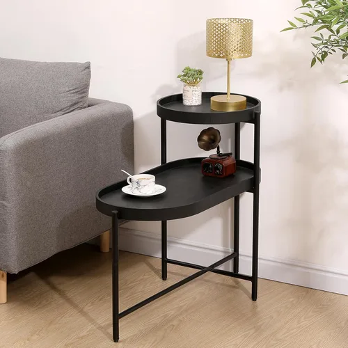 Miniatura 5 de Mesa auxiliar redonda de 2 niveles con extremo de café irregular, mesa pequeña con marco de metal para sala de estar, dormitorio (negro)