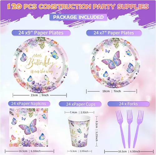 Miniatura 2 de Suministros de fiesta de cumpleaños de mariposa, juego de vajilla desechable de mariposa de 120 piezas con platos, vasos, servilletas y tenedores