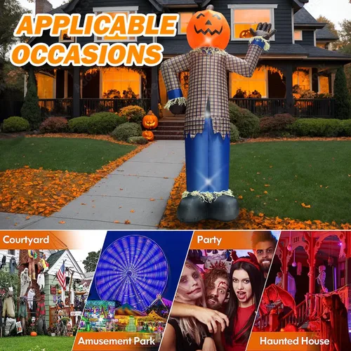 Miniatura 4 de Decoración inflable de calabaza de espantapájaros de Halloween, 12 pies, decoración inflable gigante de Halloween con luces LED, inflables