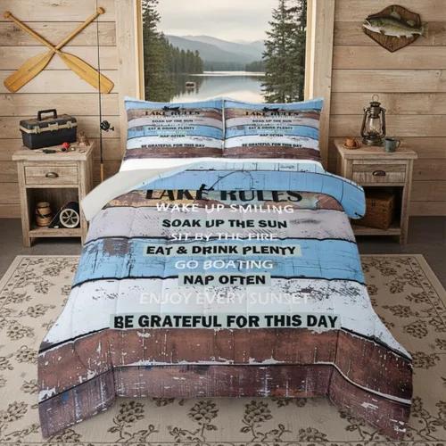 Miniatura 13 de Juego de ropa de cama King para casa del lago, juego de edredón de paleta de madera retro para regalos para amantes del lago, inserto de edredón