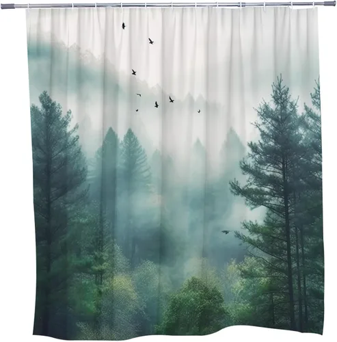 Miniatura 3 de Misty Forest - Cortina de ducha escénica de naturaleza con árboles verdes, bosques brumosos, cortinas de baño, pájaros, primavera, verano