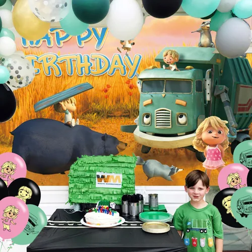 Miniatura 4 de Fondo de fiesta de cumpleaños de camión de basura, decoración y pancarta, accesorios de fondo de fotos para niños y niñas, 5 x 3 pies