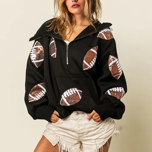 Miniatura 23 de SeekMe Sudaderas con capucha de lentejuelas para mujer, para el día del partido, suéteres de manga larga con cremallera y bolsillo