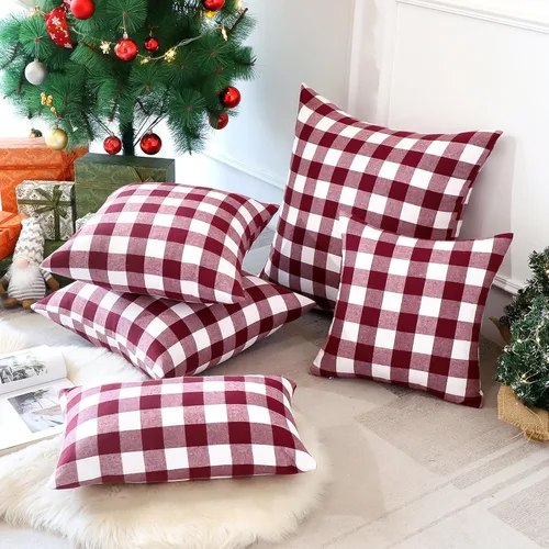 Miniatura 4 de OTOSTAR Paquete de 2 fundas de almohada clásicas de lino a cuadros navideños de 16 x 16 pulgadas, fundas de cojín cuadradas suaves para decoración