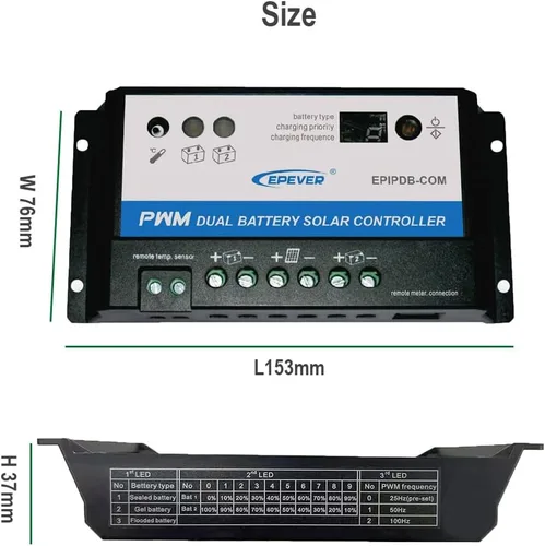 Miniatura 3 de EPEVER Medidor MT-1 remoto con pantalla LCD para controlador de carga solar EPIPDB-COM Serie 10A/20A Sistema de carga de panel solar de doble batería