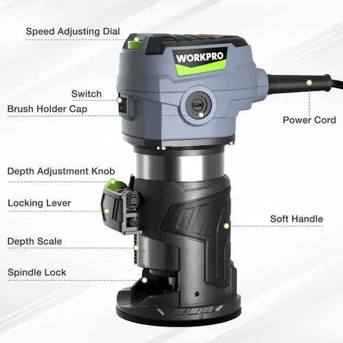 Miniatura 2 de WORKPRO Kit de enrutador compacto, herramienta de enrutador manual con cable de 6.5 amperios, enrutador de madera de 6 velocidades variables