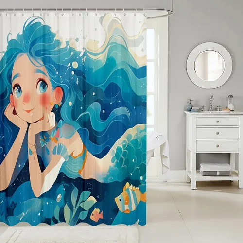 Miniatura 2 de Homewish Cortina de ducha de sirena azul con diseño de princesa sirena, juego de cortina de ducha para niños y adultos, cortina de baño subacuática