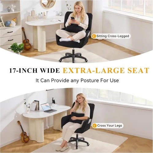 Miniatura 8 de FOXHUNTER Silla de tocador con respaldo ergonómico y ruedas, silla giratoria de 360°, silla de oficina en casa de altura ajustable para sala de Negro