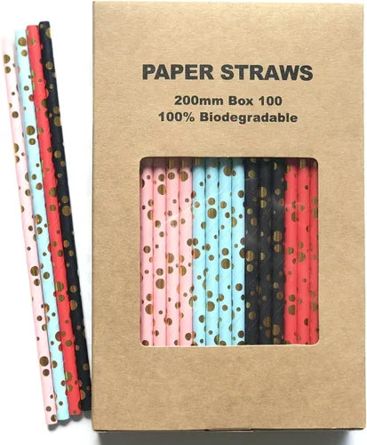 Miniatura 2 de 100 pajitas de papel mixtas para fiestas, color negro, rosa claro, azul, rojo, dorado, con lunares, burbujas, para cumpleaños, baby shower, boda