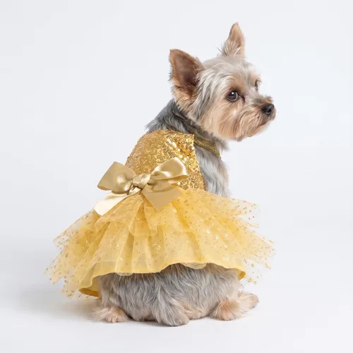 Miniatura 4 de Fitwarm Vestido tutú para perro con lentejuelas brillantes, traje de Navidad de lujo para perros pequeños y niñas, ropa para mascotas, color dorado