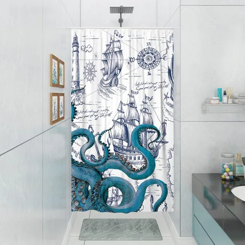 Juego de cortina de ducha pequeña de pulpo náutico azul, divertidas cortinas de ducha estilo kraken de océano para baño, decoración de mapa pirata