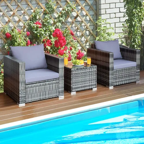 Miniatura 10 de Juego de muebles de patio de 3 piezas para exteriores, juego de conversación de mimbre de ratán con cojín resistente al agua y mesa de vidrio Beige