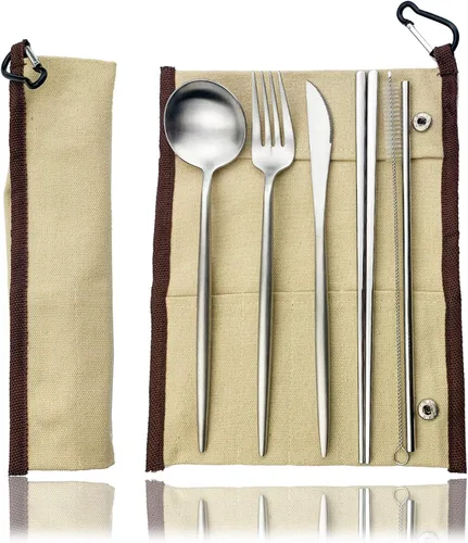 Miniatura 15 de JASHII El juego de cubiertos de viaje incluye cuchillo reutilizable, tenedor, cuchara, palillos, pajilla, utensilios ecológicos, utensilios de Azul