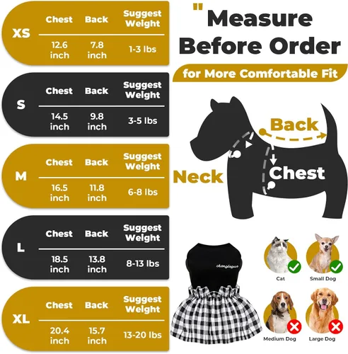 Miniatura 2 de PETCARE Vestido clásico para perros pequeños, vestidos negros a cuadros para perros, suave y lindo vestido de verano para cachorros, camisa Shih Tzu