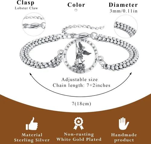 Miniatura 41 de Pulsera unisex de San Miguel/Cristóbal/Benedicto/Jude/José/Guadalupe/Ángel de la Guarda/Santa Muerte Pulsera de plata de ley 925 con cadena de doble