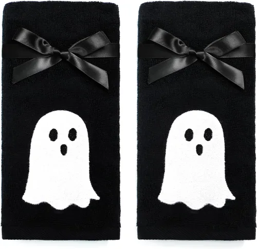 Juego de 2 toallas de mano de Halloween, 100% algodón bordado negro y blanco fantasma, toallas de cocina y baño, 14 x 29 pulgadas