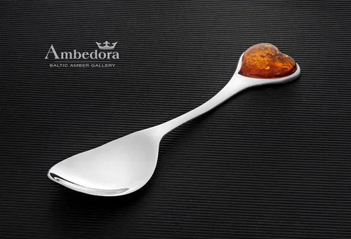 Miniatura 3 de Cuchara de buena suerte, plata de ley pulida, cuchara de plata con corazón ámbar y grabado de la suerte para un ser querido, regalo para aniversario