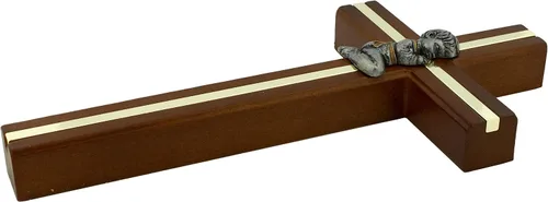 Miniatura 2 de Cruz de pared con niño arrodillado Juego de acento dorado en madera con peltre para niño o niña Gran regalo católico para el bautismo