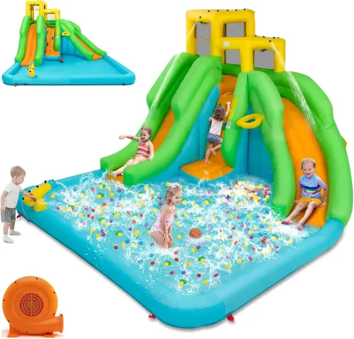 Miniatura 12 de HONEY JOY - Tobogán acuático inflable, parque acuático inflable 6 en 1 con muro para escalar y 2 toboganes largos, piscina, castillo inflable