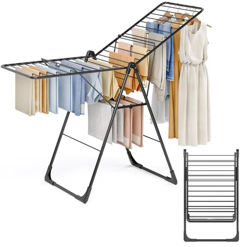 APEXCHASER Tendedero plegable de gran tamaño con cubierta de pie en forma de L, altura ajustable, estante de lavandería multibarra, uso en Negro