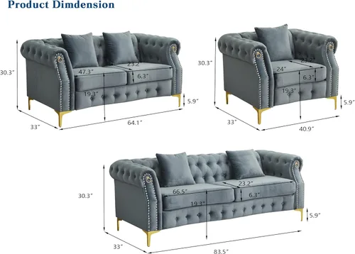 Miniatura 4 de Hybition Juego de sofá de 3 piezas, terciopelo gris, diseño copetudo con patas de metal dorado, ribete de cabeza de clavo