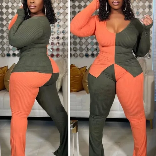 Miniatura 5 de kaimimei Conjunto deportivo sexy de 2 piezas con bloques de color para mujer, con dobladillo acanalado, abertura y pantalones acampanados, ropa