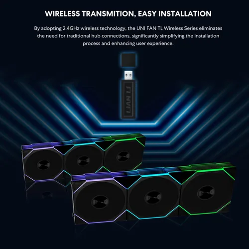 Miniatura 5 de Lian Li UNI Fan TL - Paquete de 120 unidades inalámbricas (hoja inversa), señal inalámbrica de 2.4 GHz, ventilador ARGB, espejo infinito, cadena